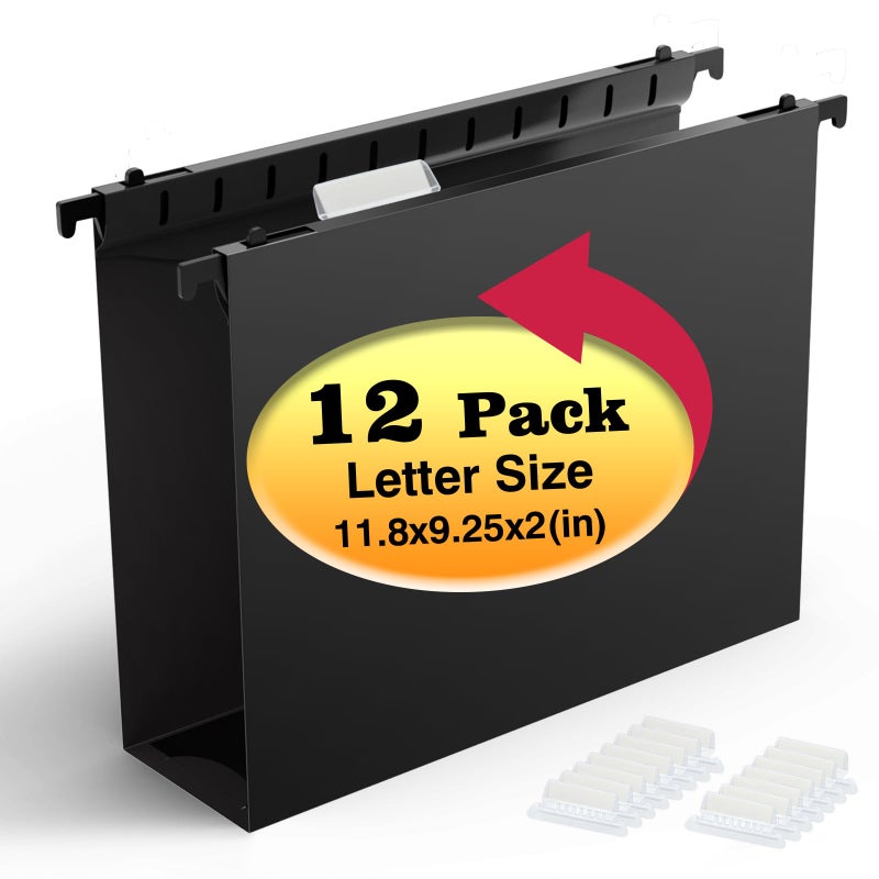 Shutex Extra Capacity Plastic Hanging File Folders 12 Pack Reinforced Hang Folders Heavy Duty 2 Inch Expansion Plastic Filing Cabinet Folders Letter Size Designed for Bulk Files  Medical Charts Black - Image 1